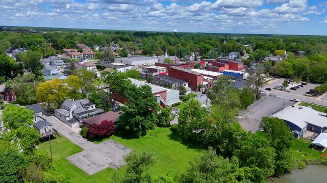 Milan, Michigan, USA small town aerial view showing residential and commercial buildings