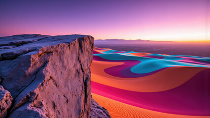 Fototapeta premium Vivid dunes meet a vast, colorful horizon. A solitary bird flies across the scene. The cliff's edge dominates the foreground, creating depth and a sense of quiet solitude.