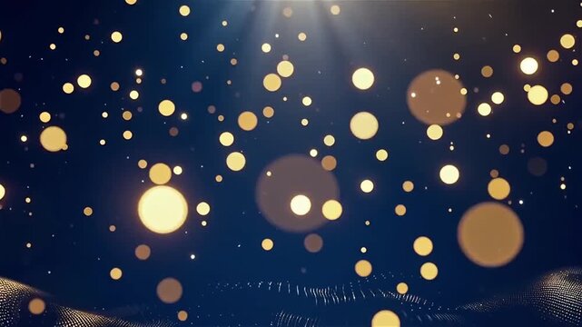 Bright and shining golden light effects with glowing bokeh orbs on dark background for festive celebration and magical atmosphere creation.