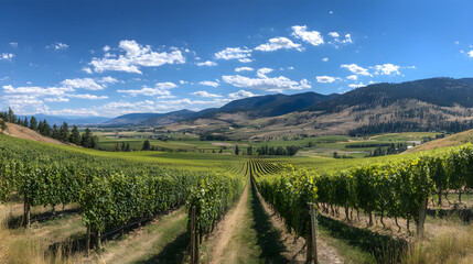 Ultra HD Panoramic view of a vibrant vineyard with endless rows of green grapevines stretching towards distant mountains under a clear blue sky image