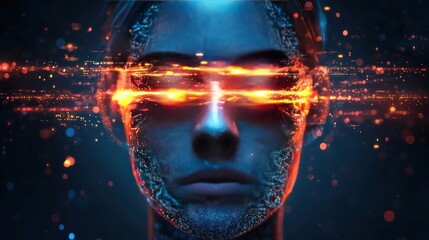 A digital portrait of a human-like face engulfed in ethereal light, futuristic and otherworldly