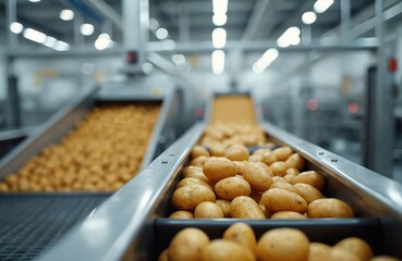 Fresh potatoes travel on automated conveyor belts inside a modern food processing plant. Machines sort and select tubers for packaging and distribution to markets.