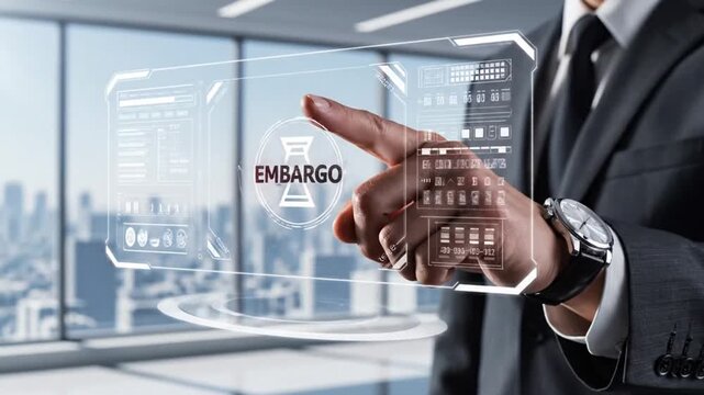 Futuristic business overview of electronic interface with embargo alert in a high-rise office setting