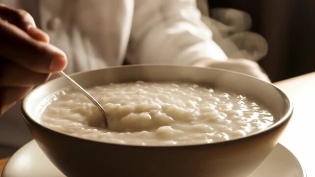 Warm, steaming bowl of rice porridge being stirred with a spoon in close-up shot