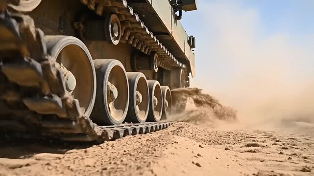 Military tank in motion creating dust cloud during desert training exercise