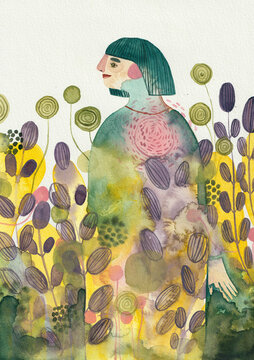 Girl with green hair standing in the middle of flowers and plants. 