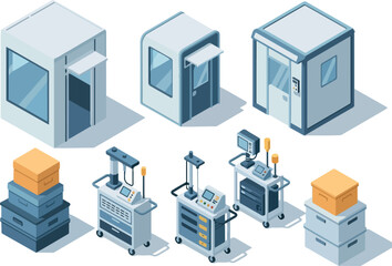 Isometric Modular Booths & Industrial Equipment Vector Set