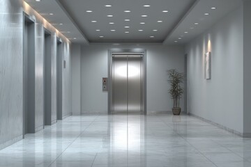 Modern elevator lobby features polished marble floors and bright lighting.