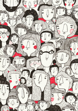 A big growd of people with different and unique faces amongst them. 