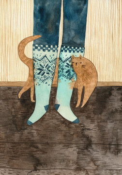 Feet with socks with pattern and a cat behind the legs