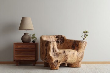 Rustic wooden armchair sits beside a modern nightstand with a lamp.