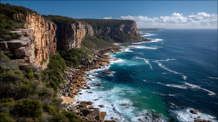 Fototapeta premium Ultra HD Dramatic coastal cliffs overlooking the deep blue ocean with crashing waves under a clear sky, a scenic natural landscape view image