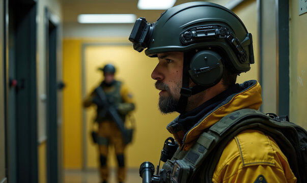 Special forces operator in tactical gear with helmet and headset stands in hallway. Another operative in yellow uniform with rifle walks in background. Team prepares for security operation.