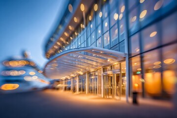Illuminated modern terminal building at dusk with a large ship nearby.