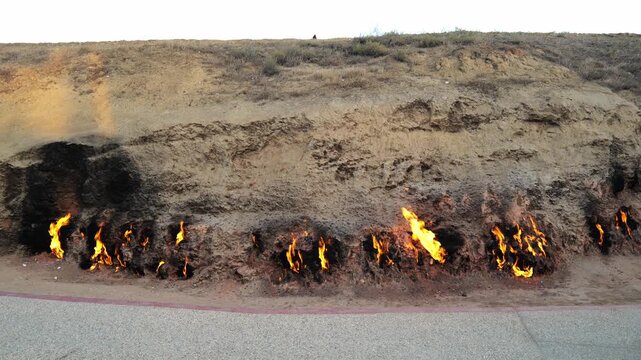 Yanardag, the Burning Mountain, in Baku, Azerbaijan. Landscape of Yanardag fire mountain with natural gas