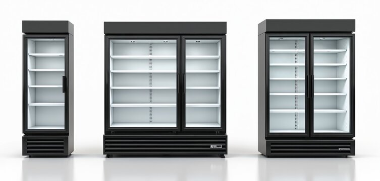 Three empty black glass door commercial refrigerators shown against white background. Modern display coolers used in stores for beverages, food. Multiple shelves inside. Cooling units clean, ready