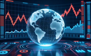 Digital globe surrounded by financial charts and data dashboards on futuristic interface.