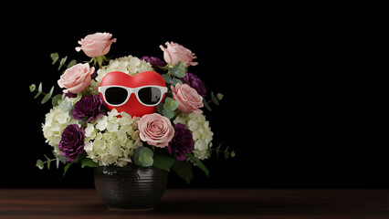 Fototapeta premium A Heart Shaped Object Wearing Sunglasses Nestled Inside A Flower Arrangement