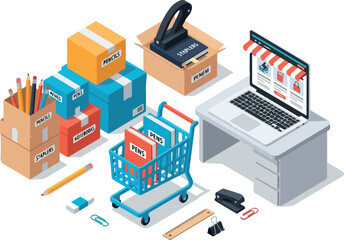 Obraz premium Isometric Office Supplies and Shopping Cart Illustration