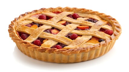 Traditional Thanksgiving fruit lattice pie with golden crust, isolated on white with copy space for holiday bakery promotions.