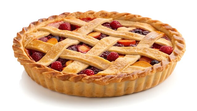 Traditional Thanksgiving fruit lattice pie with golden crust, isolated on white with copy space for holiday bakery promotions.