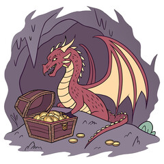 Fantasy Dragon Guarding Treasure Illustration © Stock
