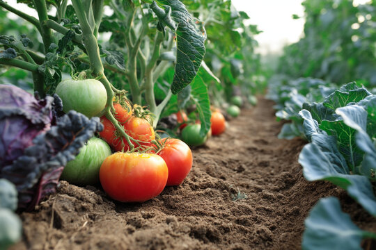 Tomatoes and Cabbage Patch Growing in a Field at Sunrise