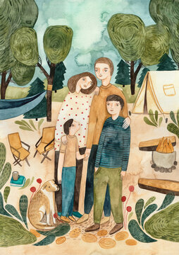 A family camping in the forest with hammock, tent and bonfire