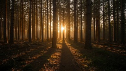 Obraz premium Sunlight filtering through forest trees landscape.