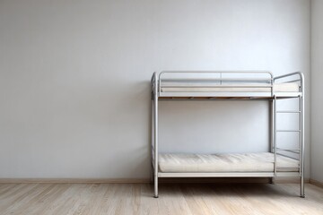 Minimalist metal bunk bed with mattresses in an empty room.