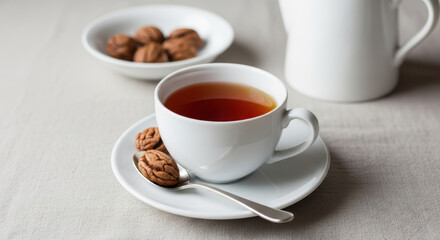 Fototapeta premium White Ceramic Cup with Tea and Cookies on a Saucer