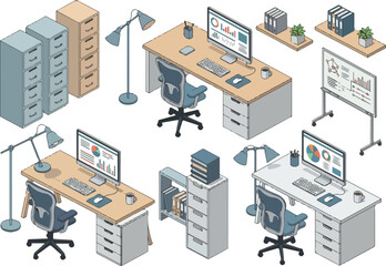 Obraz premium Isometric Office Space Desks, Chairs, and Filing Cabinets Illustration