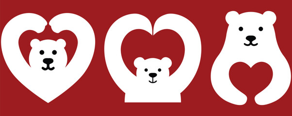 Cute Polar Bear Love Icon Set with Heart Shape on Red Background Teddy day concept.