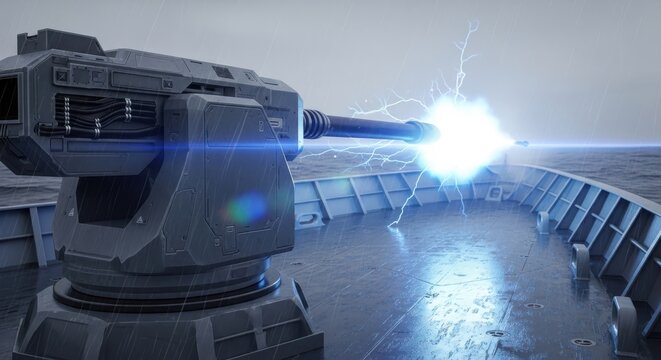 A futuristic naval weapon system fires a powerful blue energy blast from a ship deck on a stormy sea. rail gun