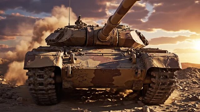 Majestic military tank advancing across rugged desert terrain during sunset with dramatic sky