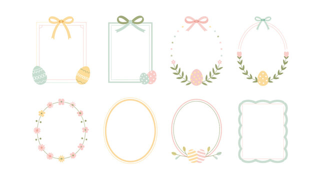 Pastel wreath frames with bows, eggs and foliage, Easter brunch invitation set, spring festival labels, greeting card and menu vector