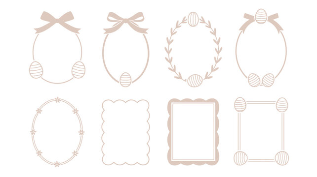 Soft neutral Easter frame vector set featuring ribbon bows, wreath borders, rounded labels for spring wedding invitation, christening, baby announcement