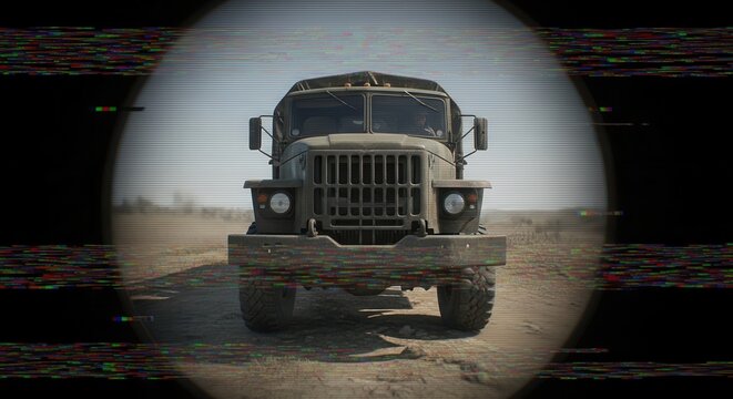 A military truck is seen through a scope, suggesting a surveillance or combat scenario.