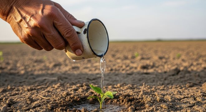 xtreme drought impact with dry cracked soil and small plant being watered by hand, climate change crisis, water scarcity, environmental stress and survival concept