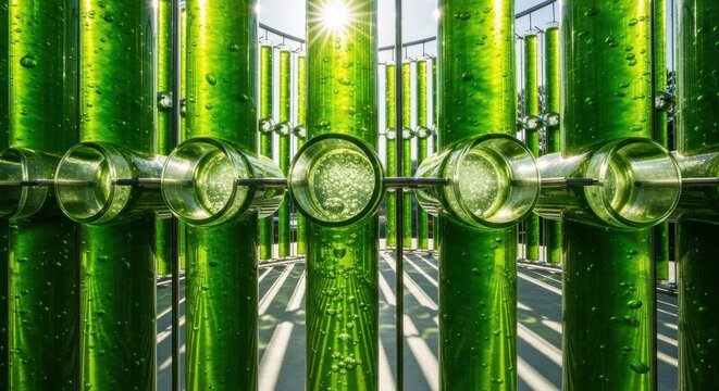 Rows of vertical glass tubes filled with vibrant green algae, illuminated by sunlight, suggesting a sustainable energy or biotechnology cultivation system.