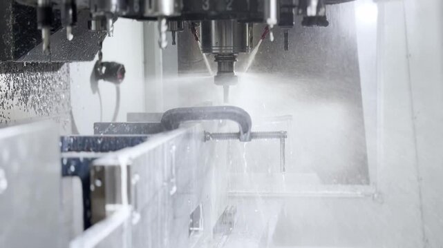 CNC machine precisely manufacturing aluminum components inside an industrial machine shop, water sprays around blade to cool and clean