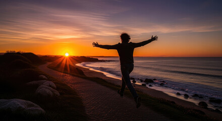 Fototapeta premium Person Jumping with Arms Outstretched at Beach Sunset