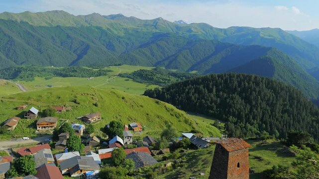Omalo village landscape, Upper Omalo in Tusheti, Georgia, with Tush towers. Omalo is an ancient village located in a popular hiking area in Tusheti, Georgia
