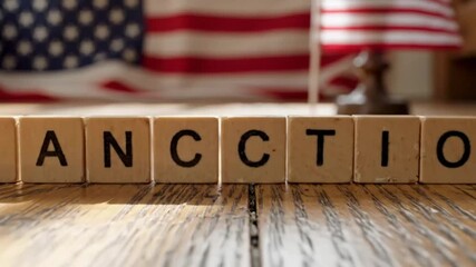 Symbolic Representation of Sanctity and Unity Using Wooden Blocks in Front of a Patriotic American Flag Background - Powered by Adobe