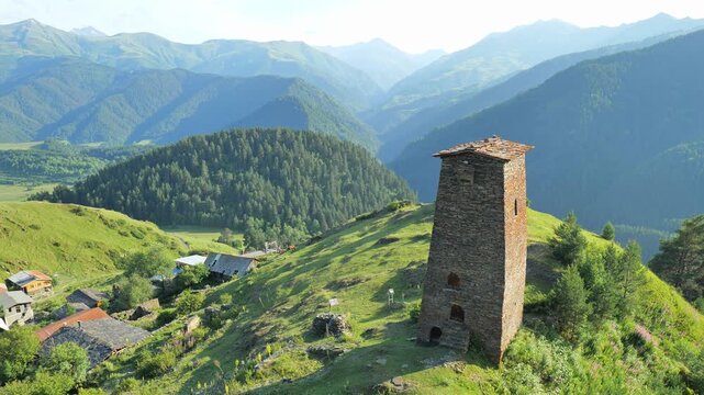 Omalo village landscape, Upper Omalo in Tusheti, Georgia, with Tush towers. Omalo is an ancient village located in a popular hiking area in Tusheti, Georgia