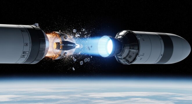 A rocket stage separation event in space, with debris and exhaust visible against the Earth's atmosphere.