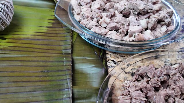 Tilt up shopping list ingredients to make Hallacas, traditional Venezuelan ethnic food
