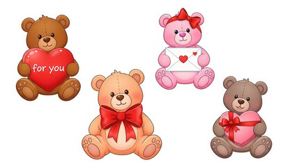 Fototapeta premium Cute teddy bears in various colors, holding hearts and envelopes, perfect for Valentine's Day celebrations, conveying love and affection in a playful illustration style