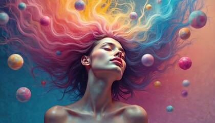 Obraz premium Psychedelic woman with colorful flowing hair and floating spheres. Her eyes are closed, serene expression. Abstract art, fantasy, surreal portrait. Imaginative, dreamlike, vibrant.