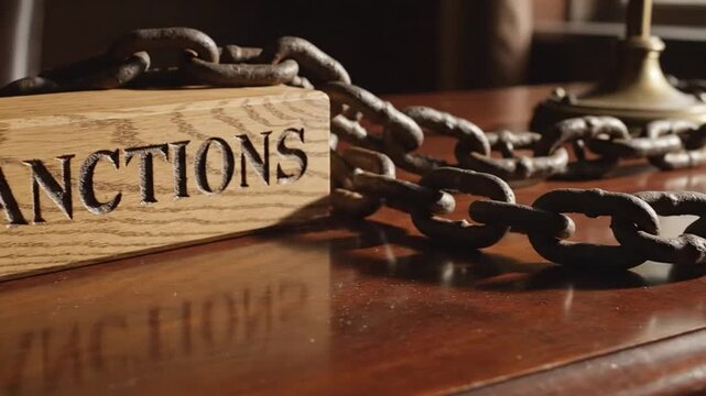 symbolic representation of imprisonment or restriction with chained wooden block labeled sanctions